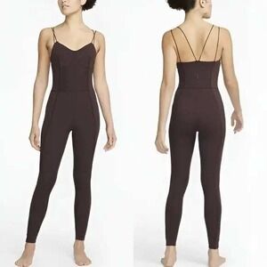Nike Womens Luxe Chocolate Brown Dri-Fit 7/8 Matte Active Yoga Jumpsuit Sz Large